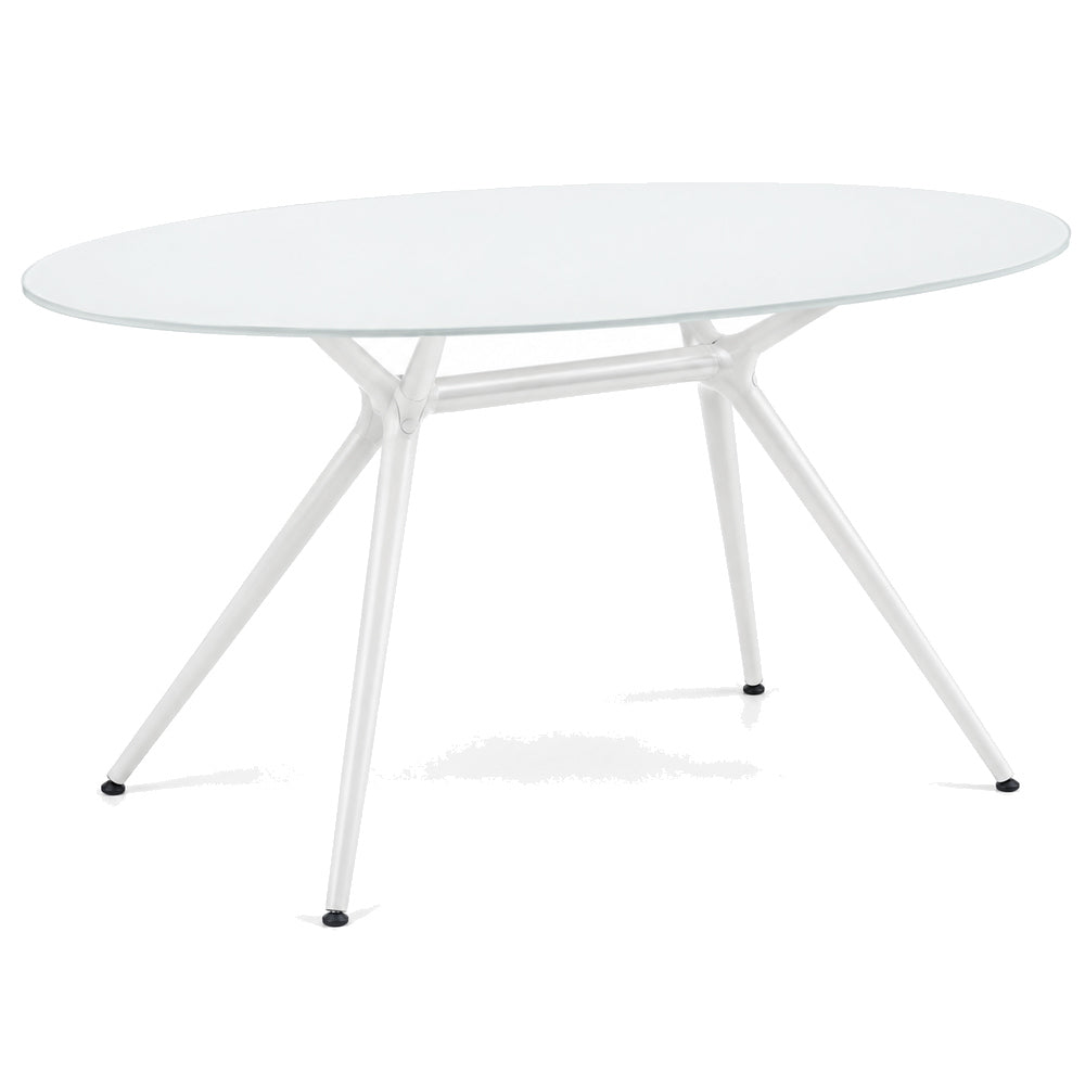 Mesa Comercial Ovalada con Cubierta de Cristal - LABENZE MESA METROPOLIS 160-07050 - Blanco - Cristal Ovalado de 1.50 x 1.12 m con Estructura de Acero Blanco