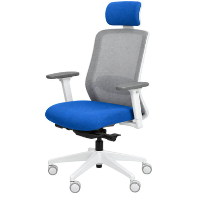 Silla de Oficina Ejecutiva Estructura Blanca con Cabecera - REQUIEZ RE-1600BL 102-1600G - Blanco - Respaldo en Mesh Gris con Cabecera Tapizada y Brazos Ajustables
