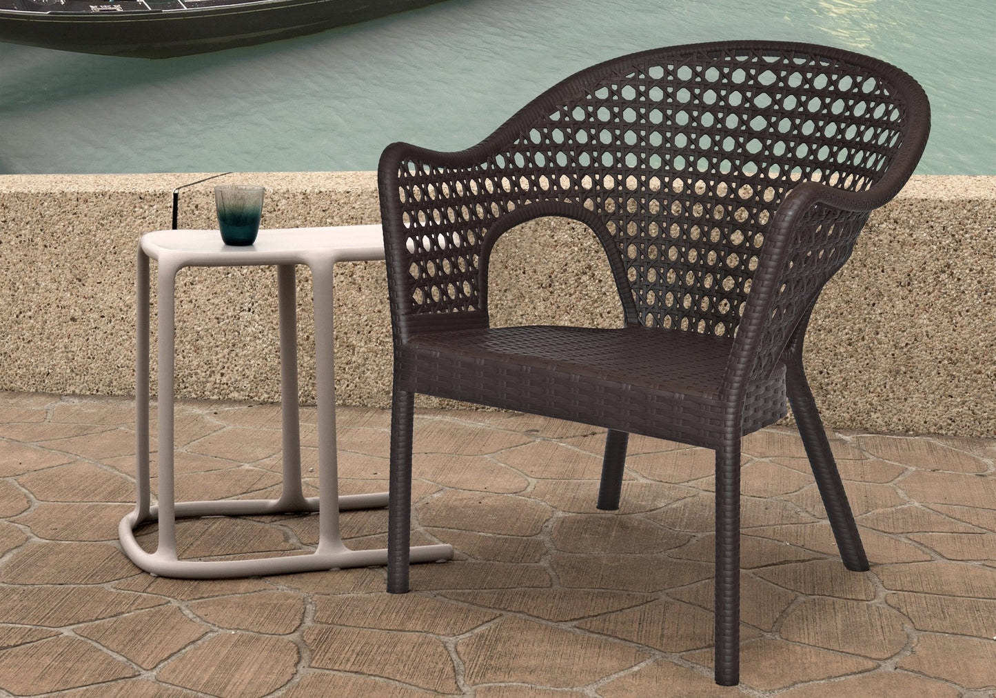 Silla Offiho Iris OHV-7029-DC en polipropileno imitación mimbre para jardín, café blanco y gris