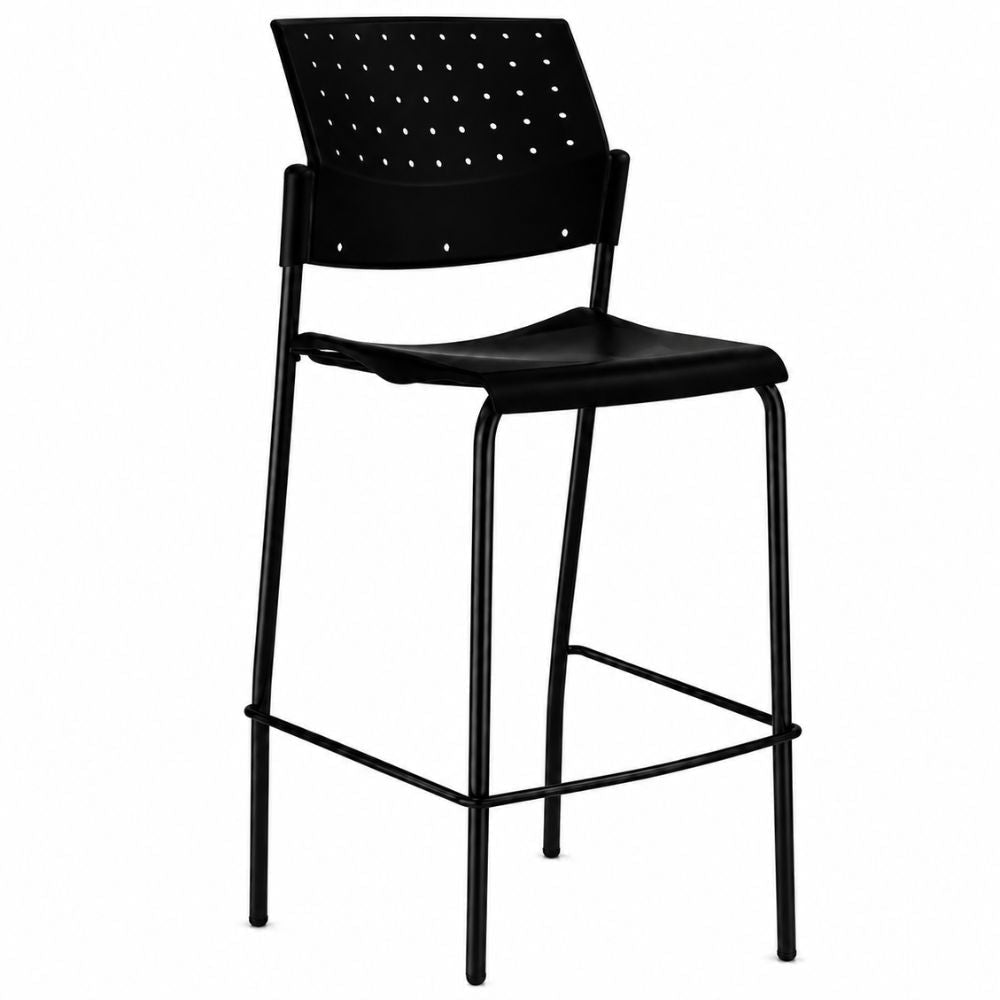 Banco alto Labenze Areta con asiento de polipropileno y base de cuatro patas fijas tubulares de acero con descansa pies.