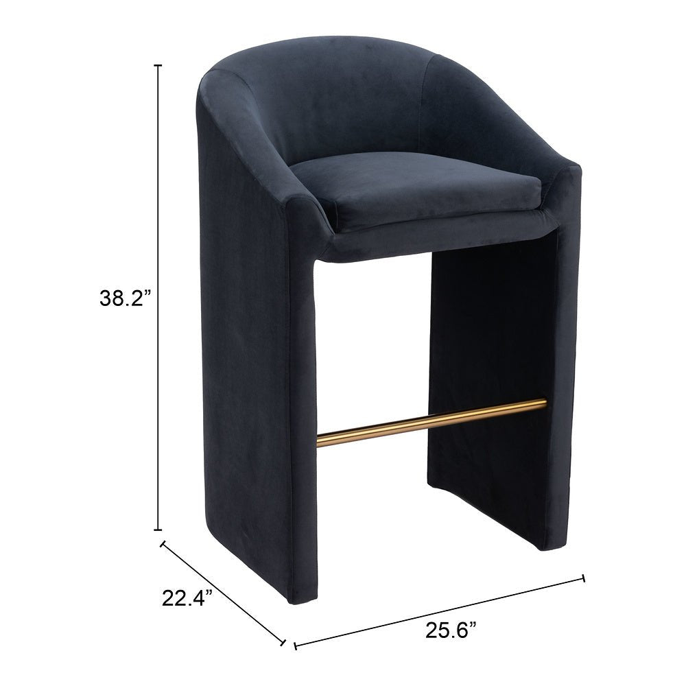 Banco Alto para Cafetería - ZUO EMAS - Gris Medianoche - Asiento y Respaldo Tapizados en Tela Tipo Terciopelo - 109991 - Zuo - NOGAL BEAT - Banco Comercial