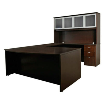 CONJUNTO OFIK FILO 556 | Conjunto Ejecutivo Tipo Bote | Escritorio Curvo | Lateral Conector | Mesa Credenza | Pedestal | Librero | Interior - 556 - OFIK - NOGAL BEAT - Mobiliario