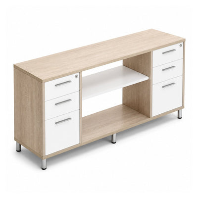 Credenza para Oficina Alta con 2 Cajoneras 2+1 - VERSA READY - Varios Colores - 1 Entrepaño Central Melamínico Ajustable en Altura - RE-868 - VERSA - NOGAL BEAT - Credenza