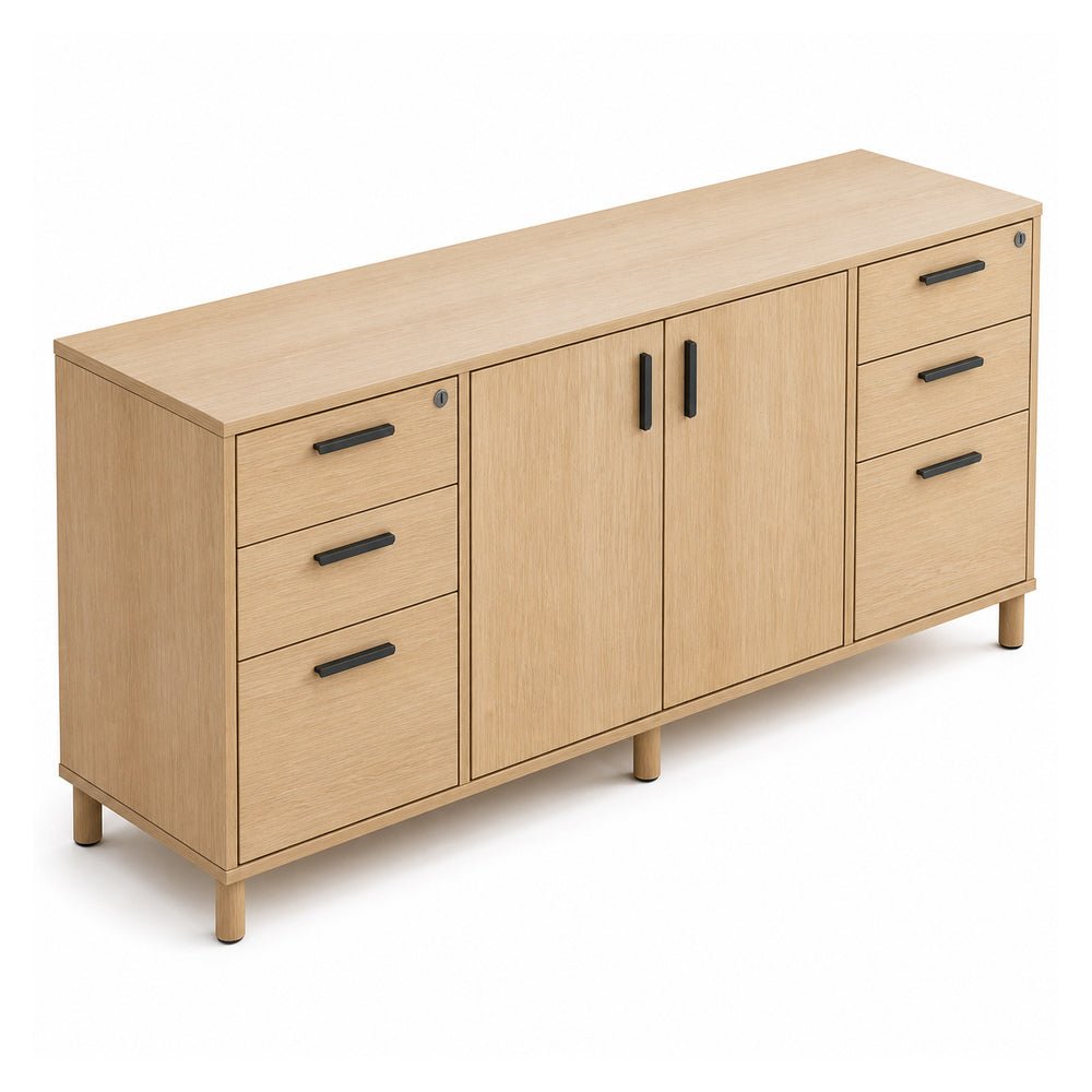 Credenza para Oficina Alta con 2 Cajoneras 2+1 y 2 - VERSA READY - Varios Colores - 1 Entrepaño Central Melamínico Ajustable en Altura - RE-862 - VERSA - NOGAL BEAT - Credenza