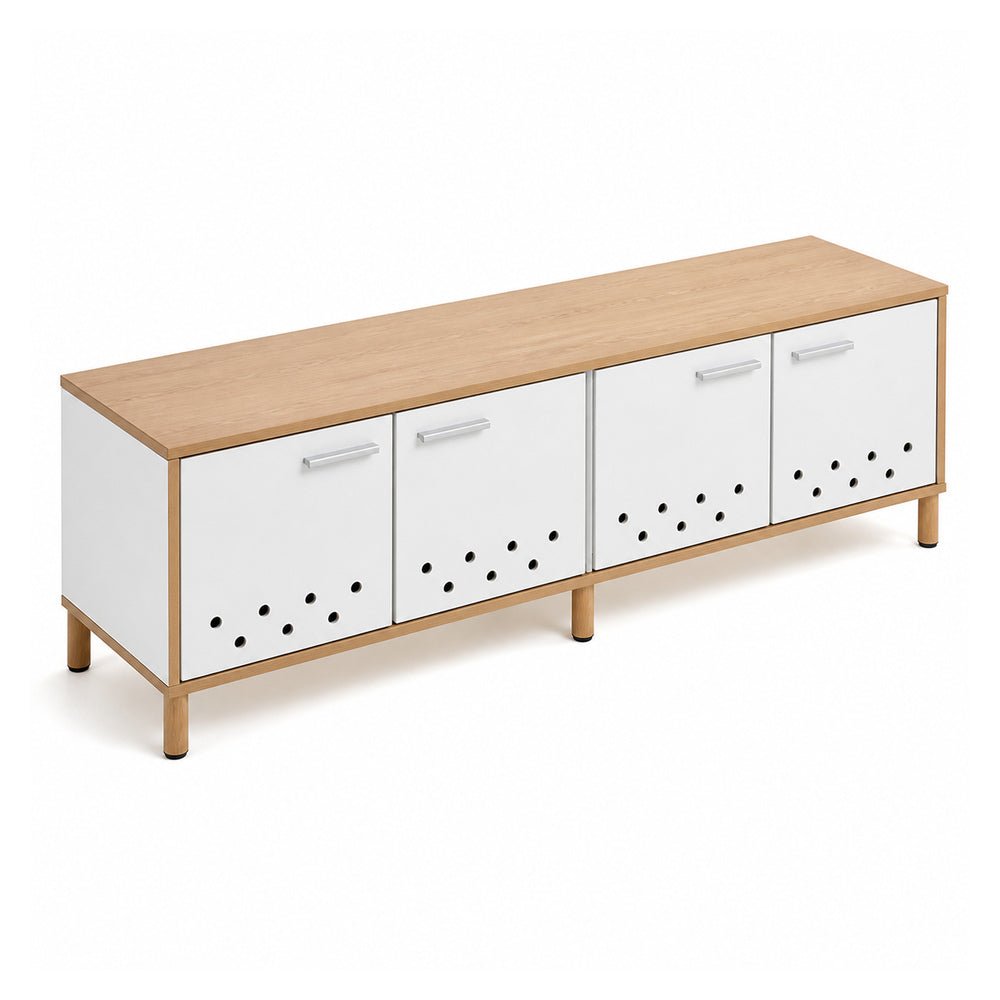 Credenza para Oficina Baja con 4 Puertas Metálicas Estampado Plug - VERSA READY - Varios Colores - Altura 57 cm - 6 Patas Cortas Ready Acero Blanco Altura 12cm - RE-832 - VERSA - NOGAL BEAT - Credenza