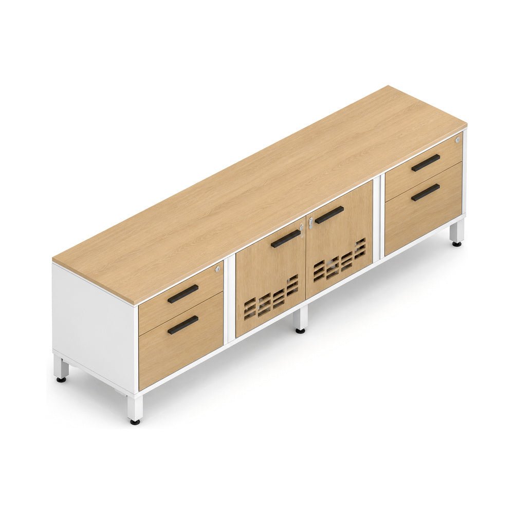 Credenza para Oficina Baja - VERSA VENTO PLUS - Varios Colores - Altura 57 cm - Credenza Baja con 2 Cajoneras 1 Cajón + y Puertas Metálicas Cerradura - VP-830 VENTO PLUS - VERSA - NOGAL BEAT - Credenza