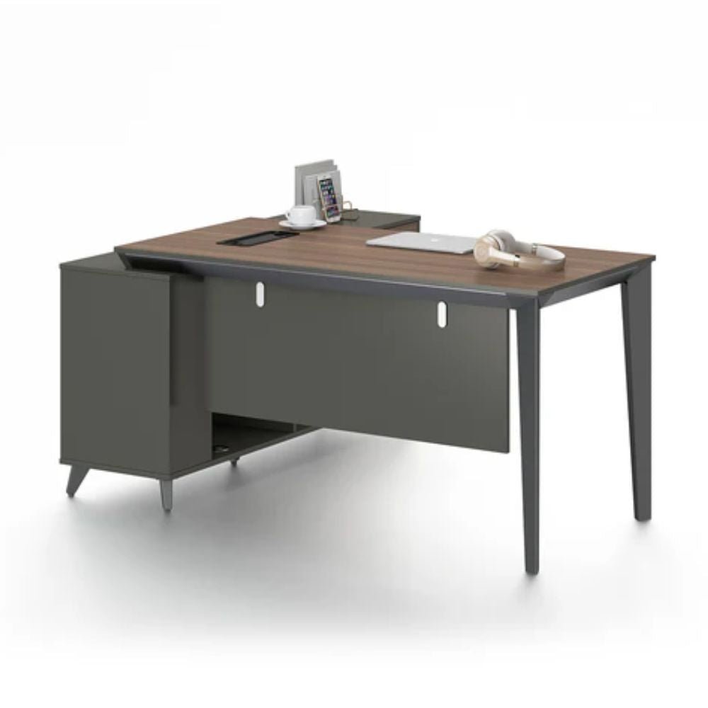 Escritorio ejecutivo lateral Cracovia 160 en nogal y gris con mesa lateral, cajoneras y cubierta de melamina