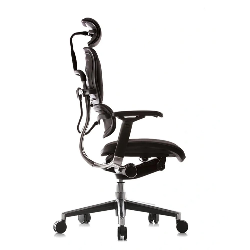 Silla de oficina directiva Requiez RP-9050 reclinable en piel negra con cabecera, brazos y base de aluminio