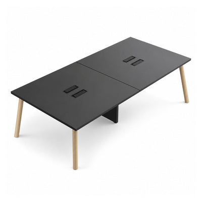 Mesa Bench para 4 Usuarios - VERSA DASH - Estructura Metálica Negra con Patas de Madera de Haya - 360 × 120 cm - DS-618 - VERSA - NOGAL BEAT - Escritorio de Oficina