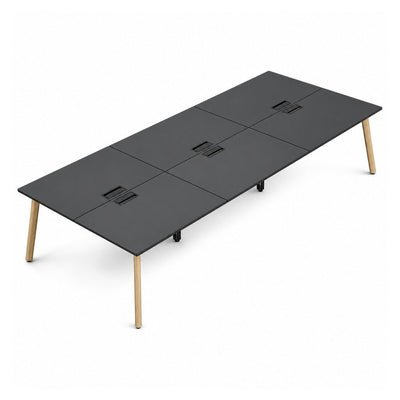 Mesa Bench para 6 Usuarios - VERSA DASH - Estructura Metálica Negra con Patas de Madera de Haya - 420 × 150 cm - DS-672 - VERSA - NOGAL BEAT - Escritorio de Oficina