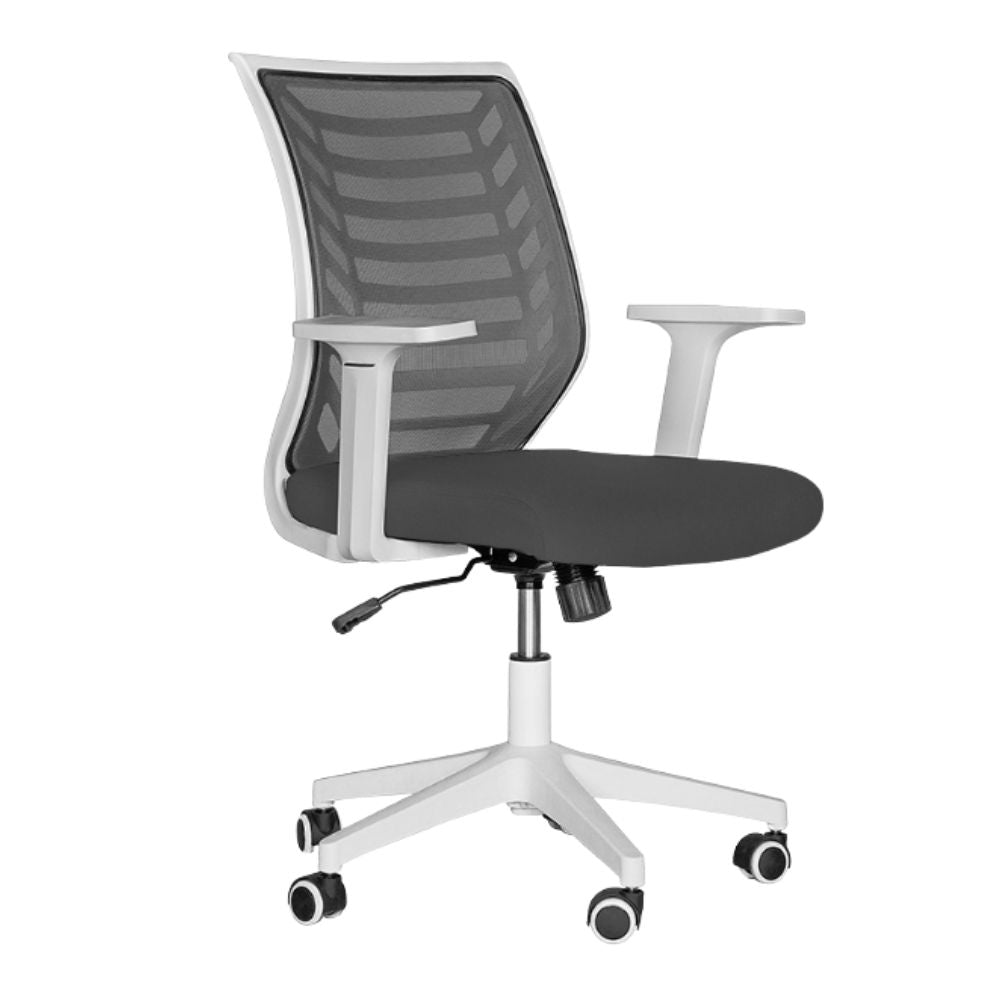 Silla de oficina operativa Albar LK-07B con respaldo en malla, asiento tapizado y base de nylon