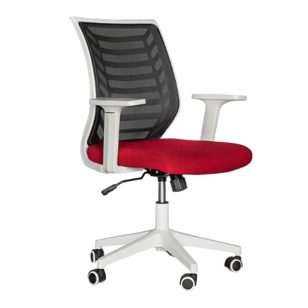 Silla de oficina operativa Albar LK-07B con respaldo en malla, asiento tapizado y base de nylon