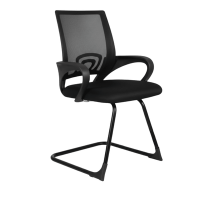 Silla de visita ALBAR LK-16 negra con base trineo cromada, respaldo en malla y brazos.