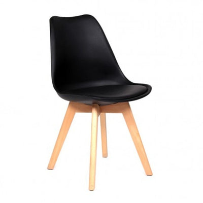 Silla Catarina con asiento tapizado en vinipiel, concha de polipropileno y patas de madera de haya