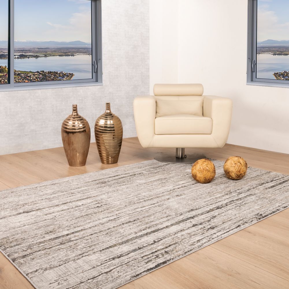 Tapete decorativo colección Zaria T2186 rectangular y circular en poliéster color gris crema