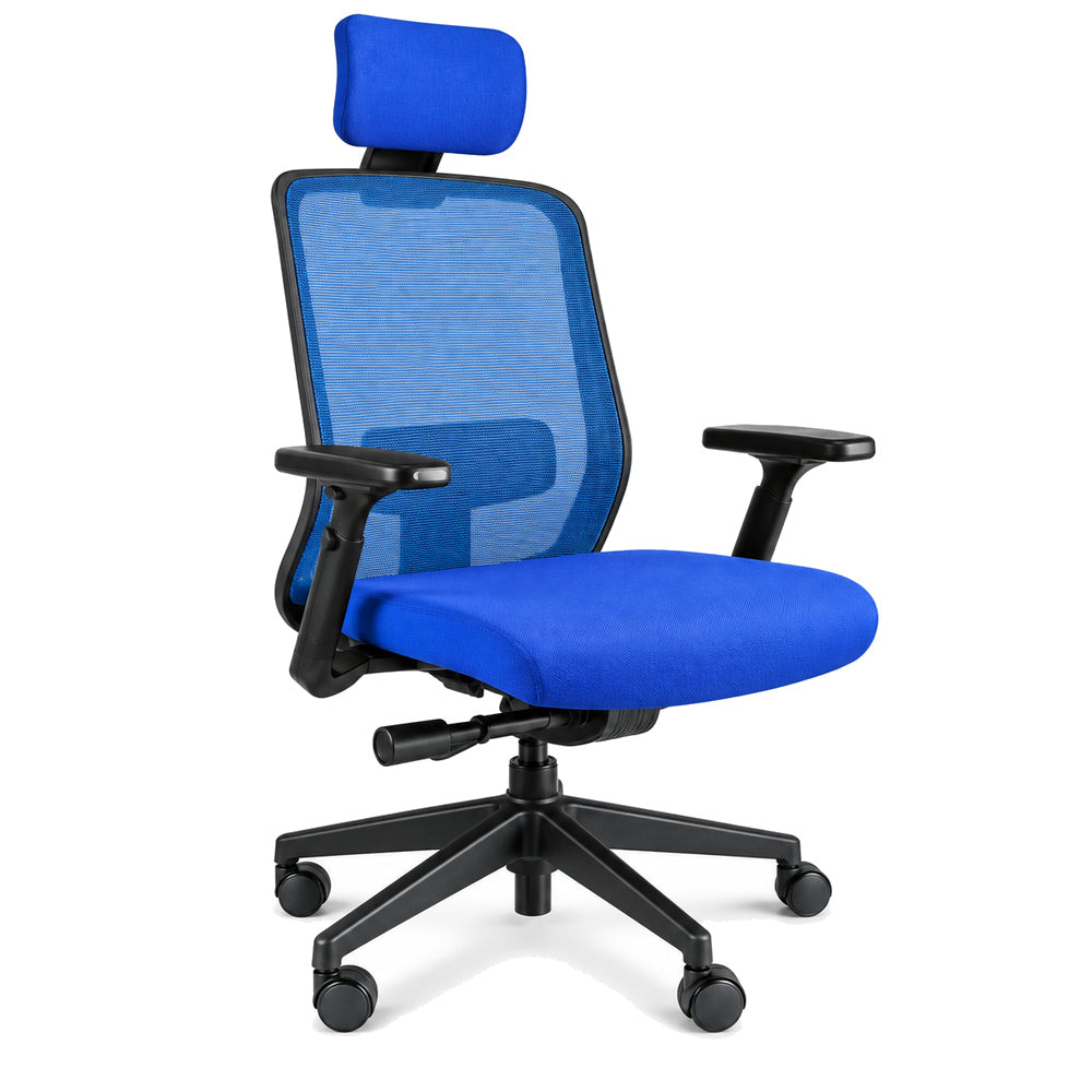 Silla de Oficina Ejecutiva Estructura Negra con Cabecera - REQUIEZ RE-1600A 102-1600A - Negro - Respaldo en Mesh Azul con Cabecera Tapizada y Brazos Ajustables