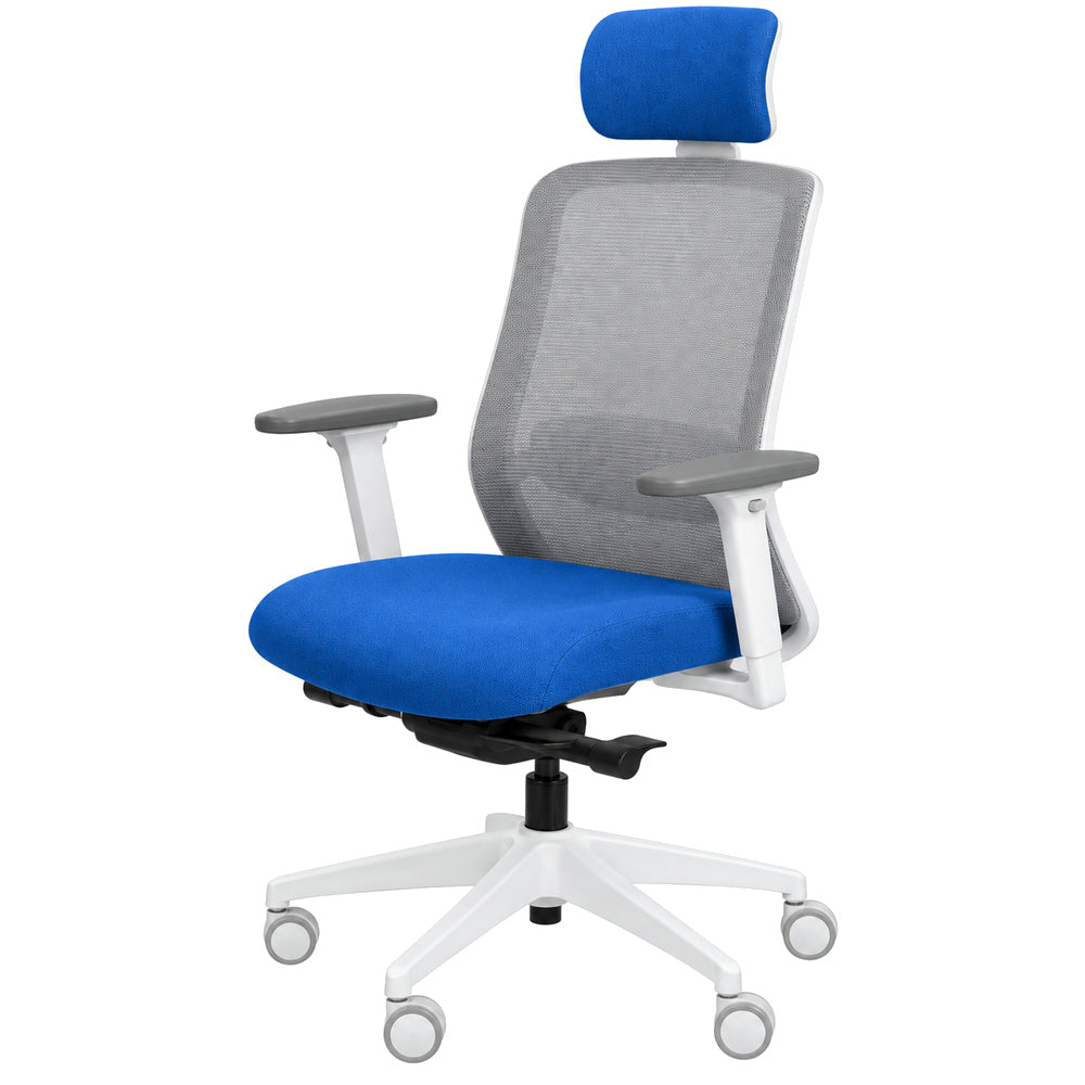 Silla de Oficina Ejecutiva Estructura Blanca con Cabecera - REQUIEZ RE-1600BL 102-1600G - Blanco - Respaldo en Mesh Gris con Cabecera Tapizada y Brazos Ajustables
