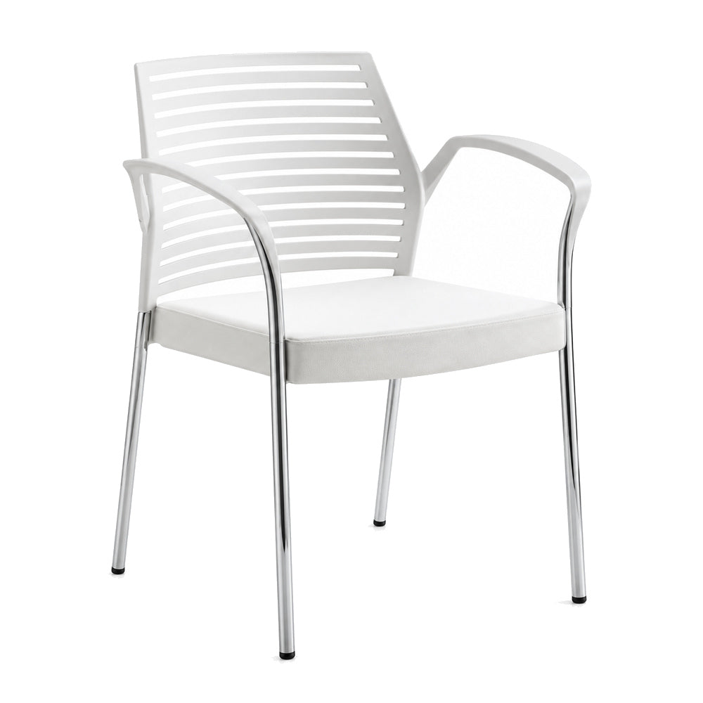 Silla Comercial con Brazos y Respaldo Flexible para Restaurante - INFINITI HALL con brazos 100-0510B - Blanco - Asiento Tapizado con Brazos y 4 Patas en Acero Gris o Cromo