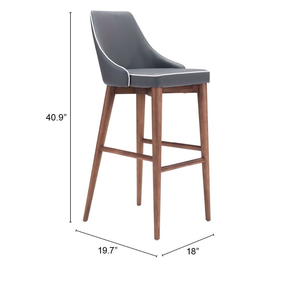 Taburete Alto para Barra | 104 cm | Base Madera Abedul | Gris | Polipiel 100% Poliuretano | Interior Bar Restaurante Cafetería Zona Alimentos Barra Alta Desayunador Cocina Barra Cantina Antro Bistro TABURETE NOGAL BEAT MOOR