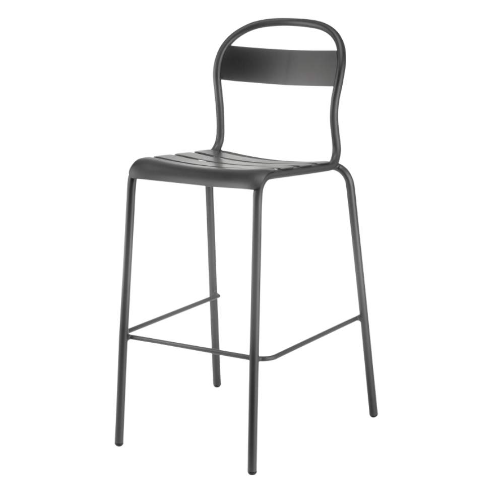 Banco alto Colos Stecca 5 con estructura de aluminio tubular y asiento de solera de aluminio para exterior