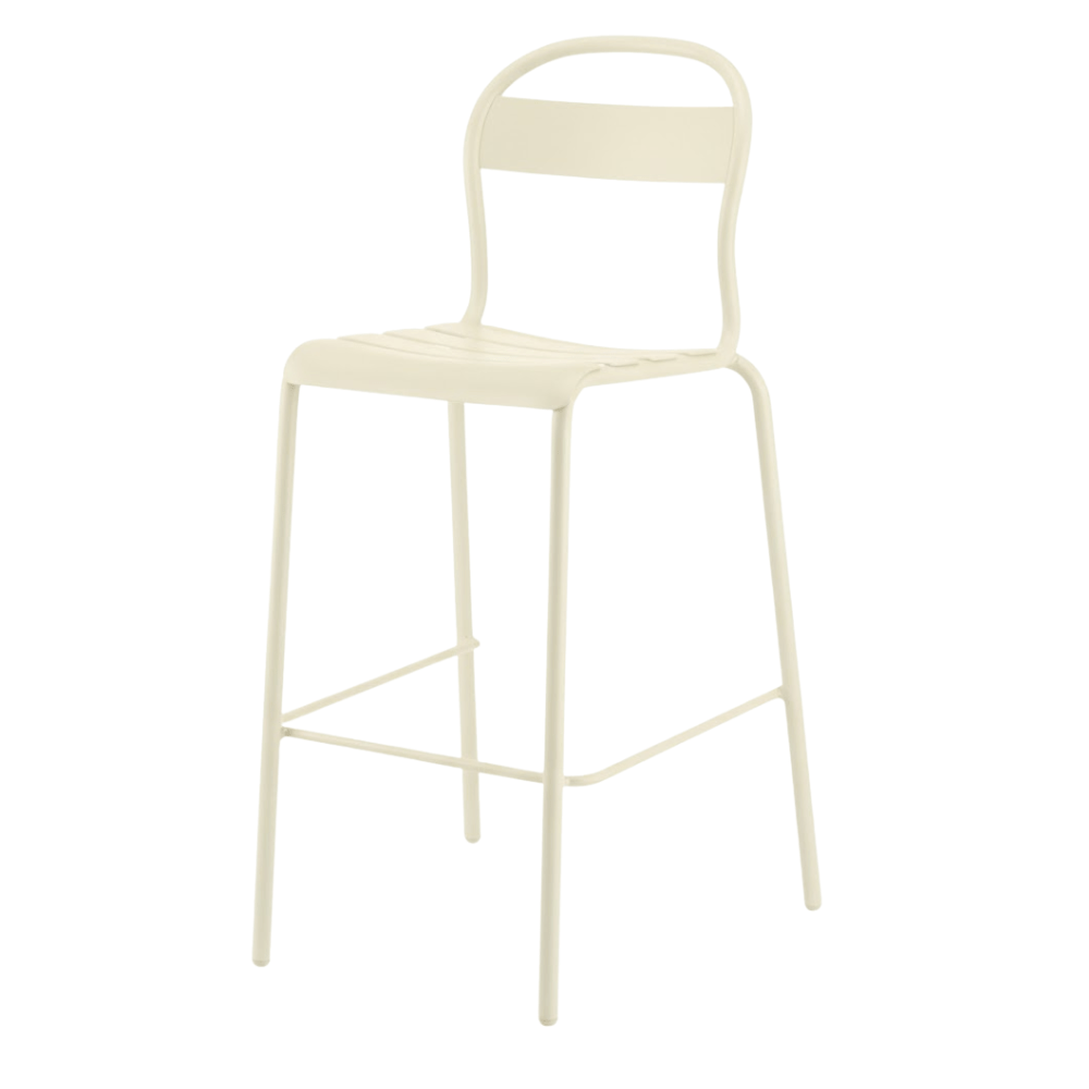 Banco alto Colos Stecca 5 con estructura de aluminio tubular y asiento de solera de aluminio para exterior