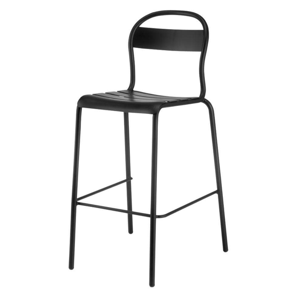 Banco alto Colos Stecca 5 con estructura de aluminio tubular y asiento de solera de aluminio para exterior