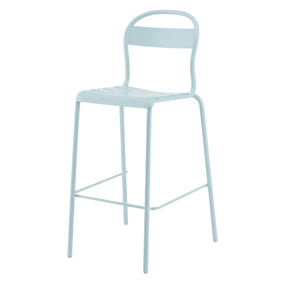 Banco alto Colos Stecca 5 con estructura de aluminio tubular y asiento de solera de aluminio para exterior