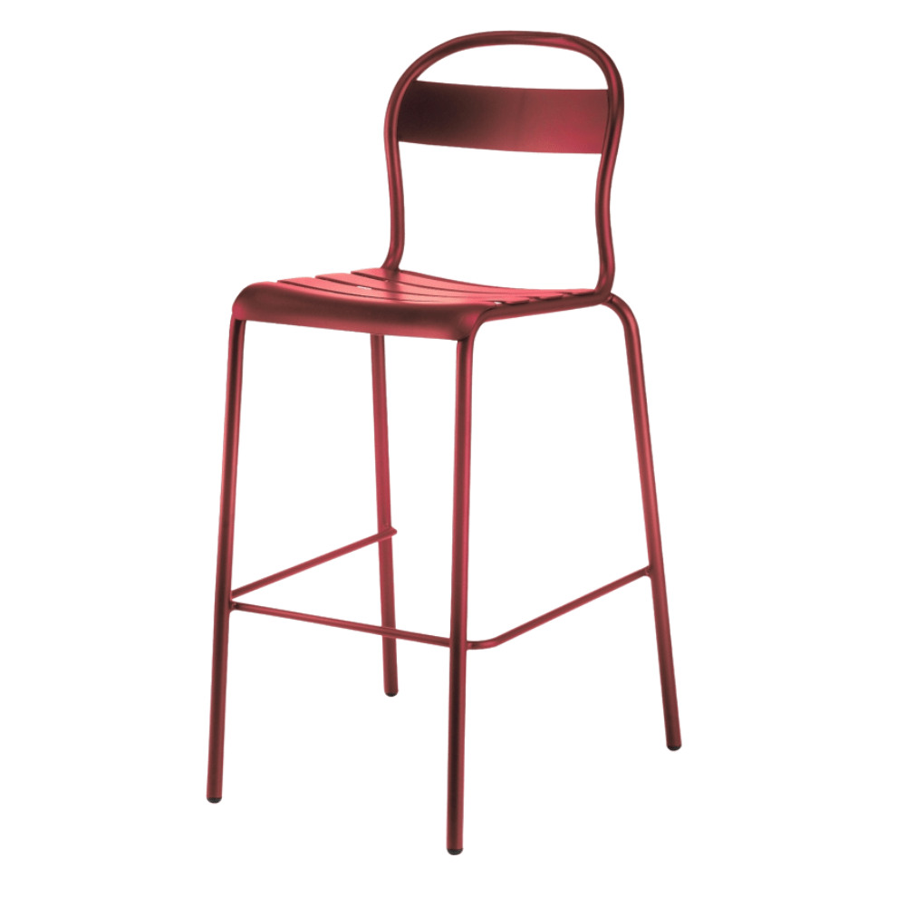 Banco alto Colos Stecca 5 con estructura de aluminio tubular y asiento de solera de aluminio para exterior
