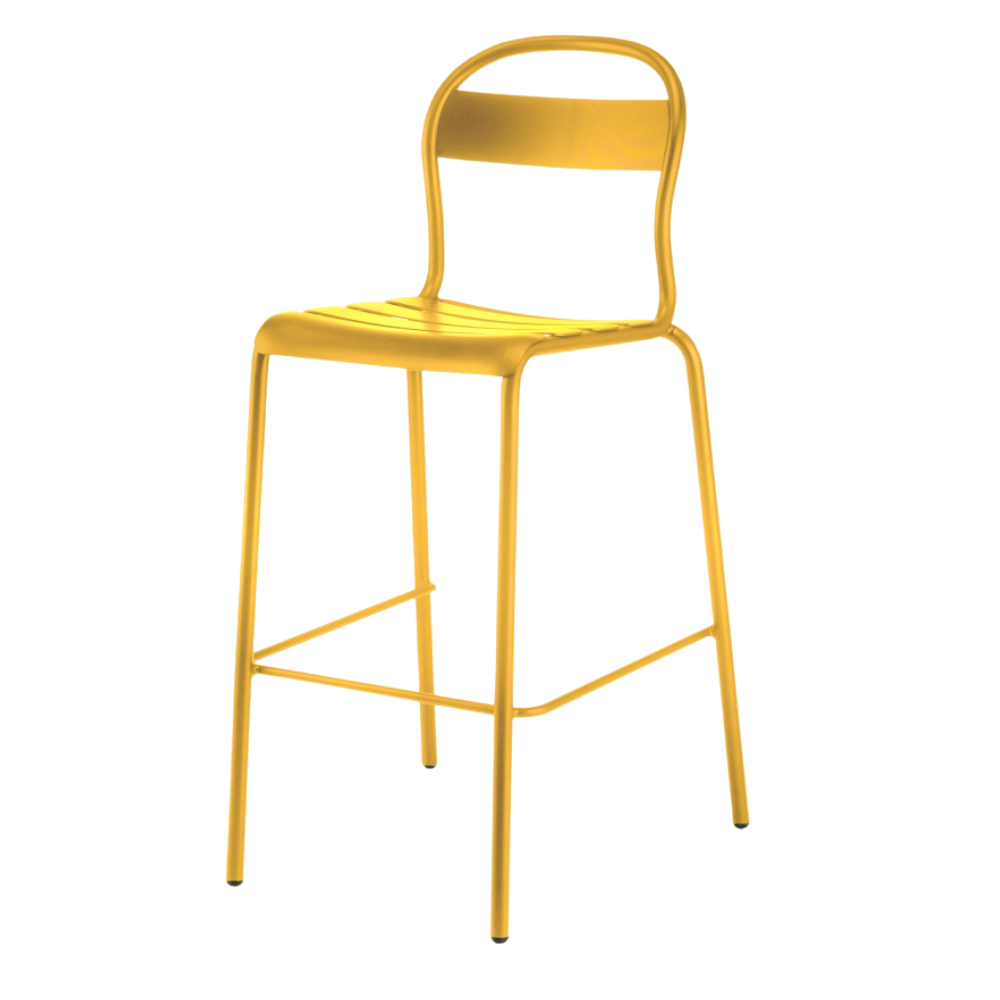 Banco alto Colos Stecca 5 con estructura de aluminio tubular y asiento de solera de aluminio para exterior