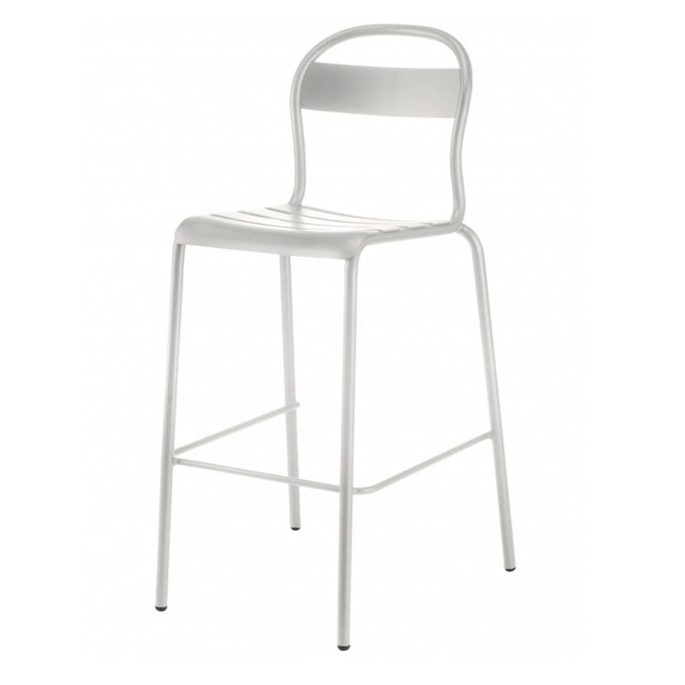 Banco alto Colos Stecca 5 con estructura de aluminio tubular y asiento de solera de aluminio para exterior