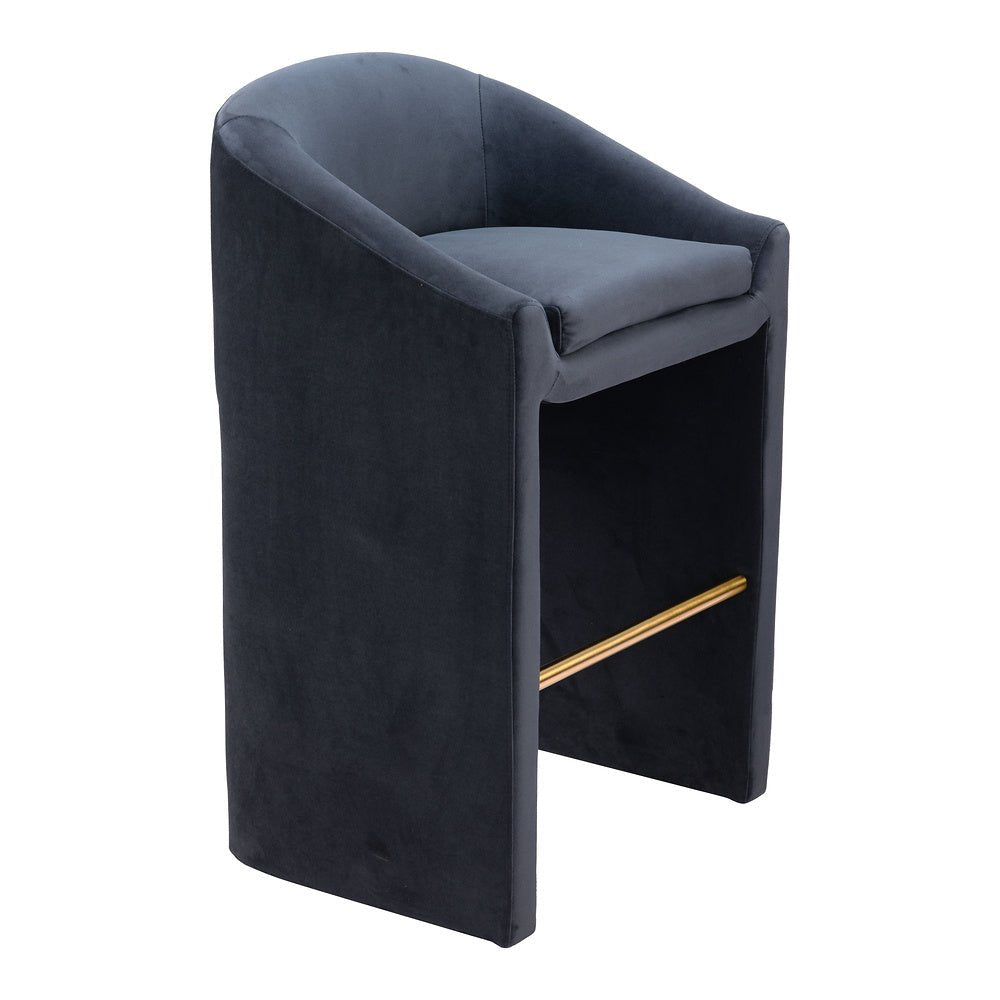 Banco Alto para Cafetería - ZUO EMAS - Gris Medianoche - Asiento y Respaldo Tapizados en Tela Tipo Terciopelo - 109991 - Zuo - NOGAL BEAT - Banco Comercial