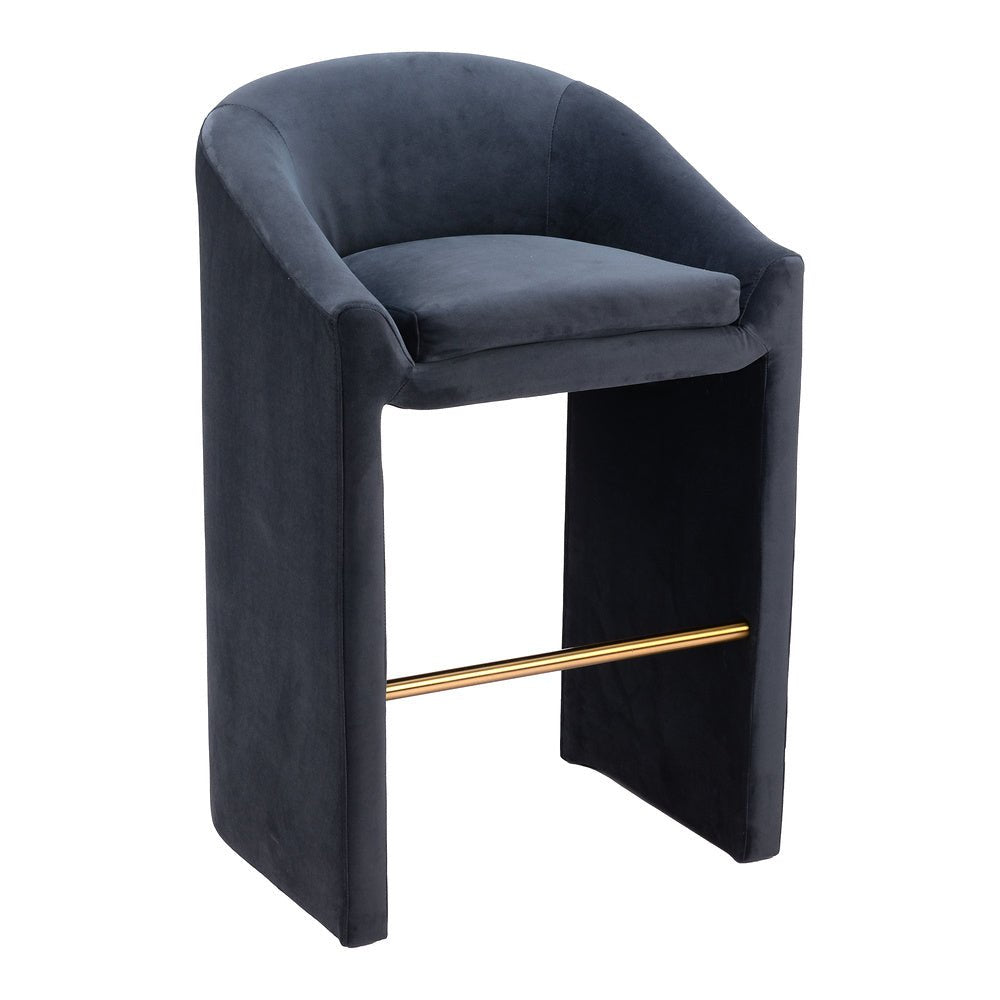 Banco Alto para Cafetería - ZUO EMAS - Gris Medianoche - Asiento y Respaldo Tapizados en Tela Tipo Terciopelo - 109991 - Zuo - NOGAL BEAT - Banco Comercial