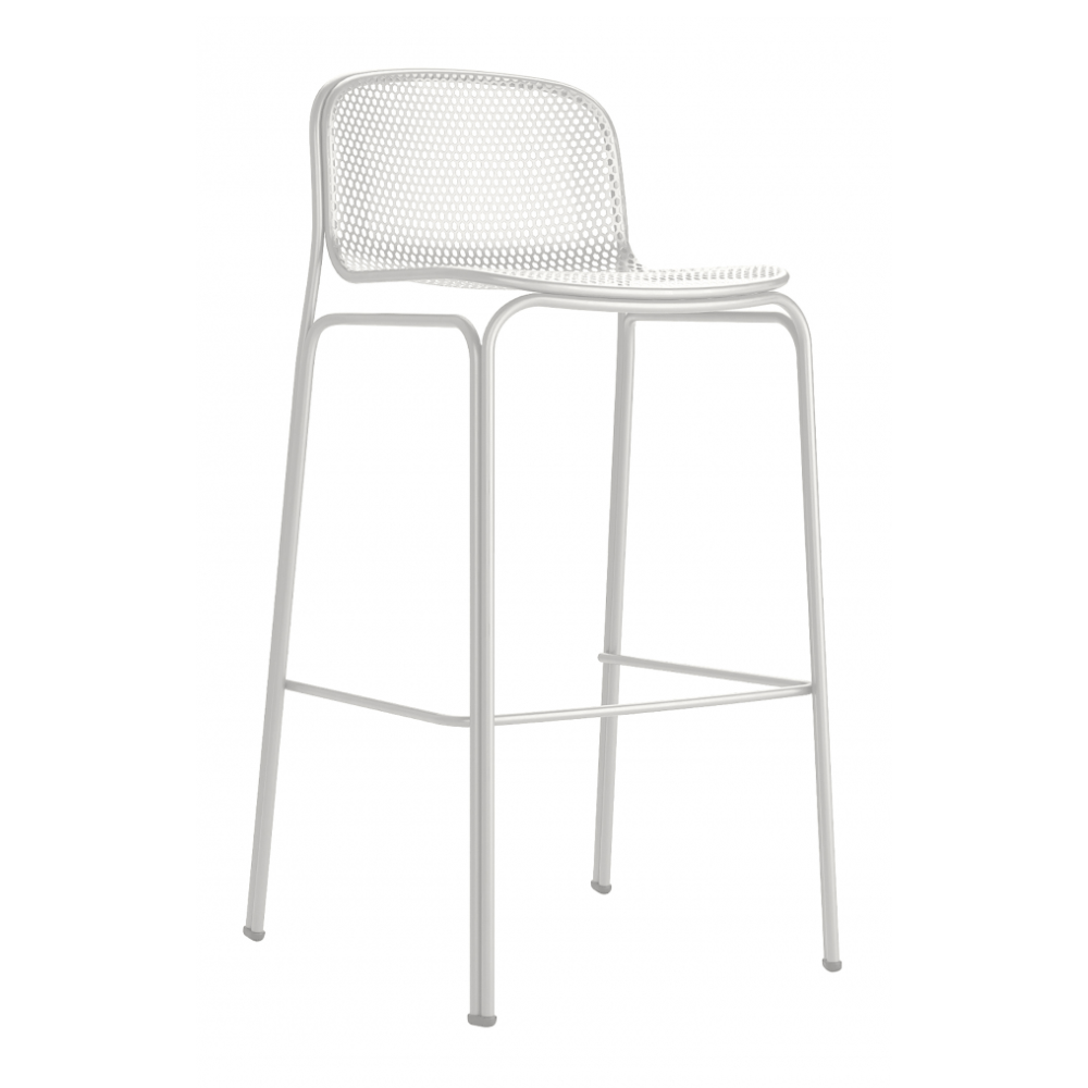 Banco alto Colos Villa 3 con estructura de acero tubular y asiento de malla de acero moldeada para exterior