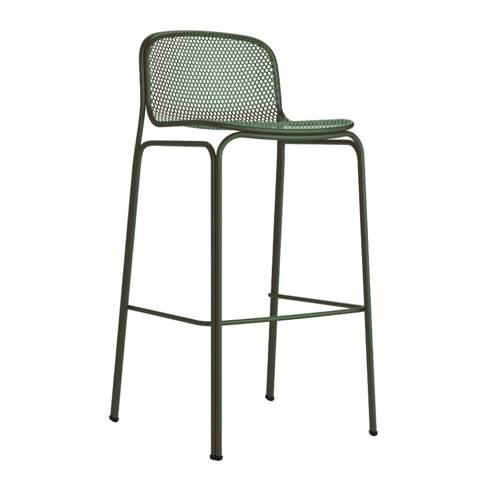 Banco alto Colos Villa 3 con estructura de acero tubular y asiento de malla de acero moldeada para exterior
