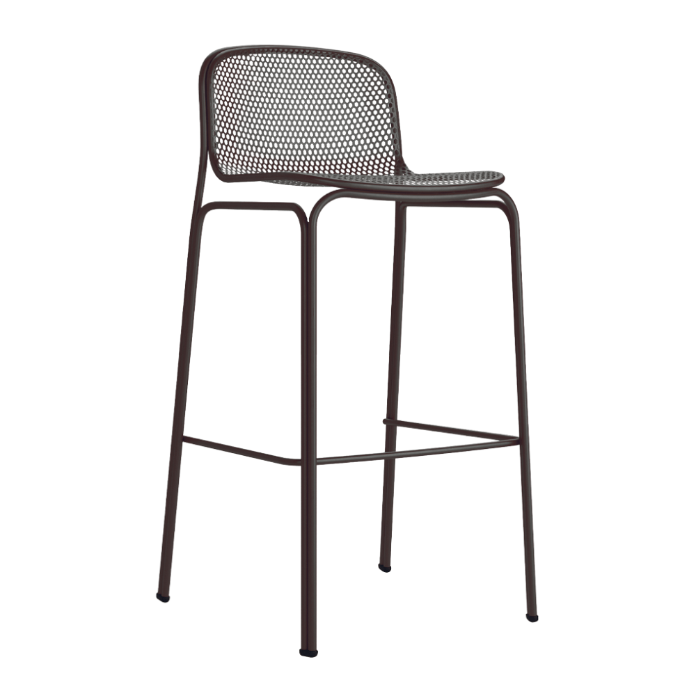 Banco alto Colos Villa 3 con estructura de acero tubular y asiento de malla de acero moldeada para exterior