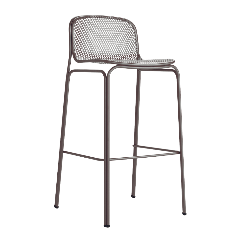 Banco alto Colos Villa 3 con estructura de acero tubular y asiento de malla de acero moldeada para exterior