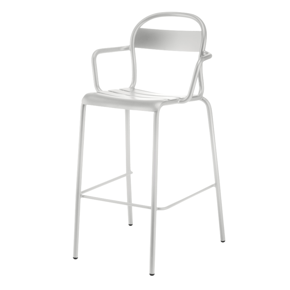 Banco alto con brazos Colos Stecca 6 de estructura de aluminio tubular y solera de aluminio para exterior