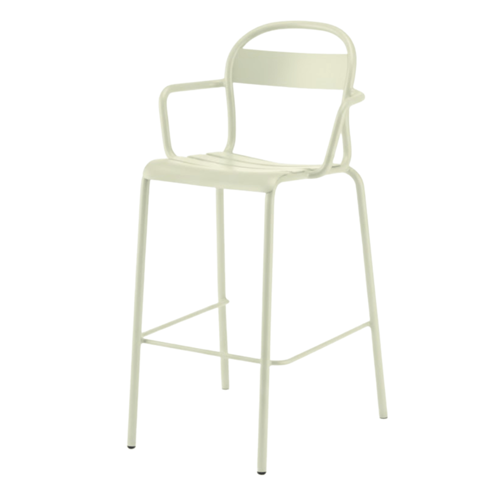 Banco alto con brazos Colos Stecca 6 de estructura de aluminio tubular y solera de aluminio para exterior