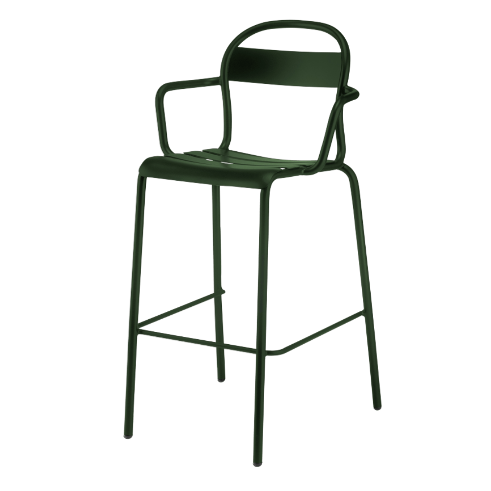 Banco alto con brazos Colos Stecca 6 de estructura de aluminio tubular y solera de aluminio para exterior
