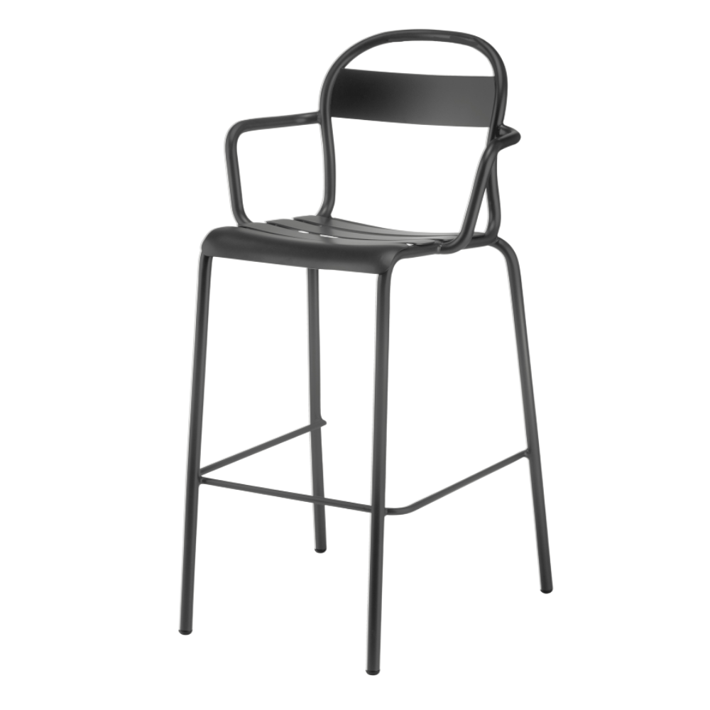 Banco alto con brazos Colos Stecca 6 de estructura de aluminio tubular y solera de aluminio para exterior