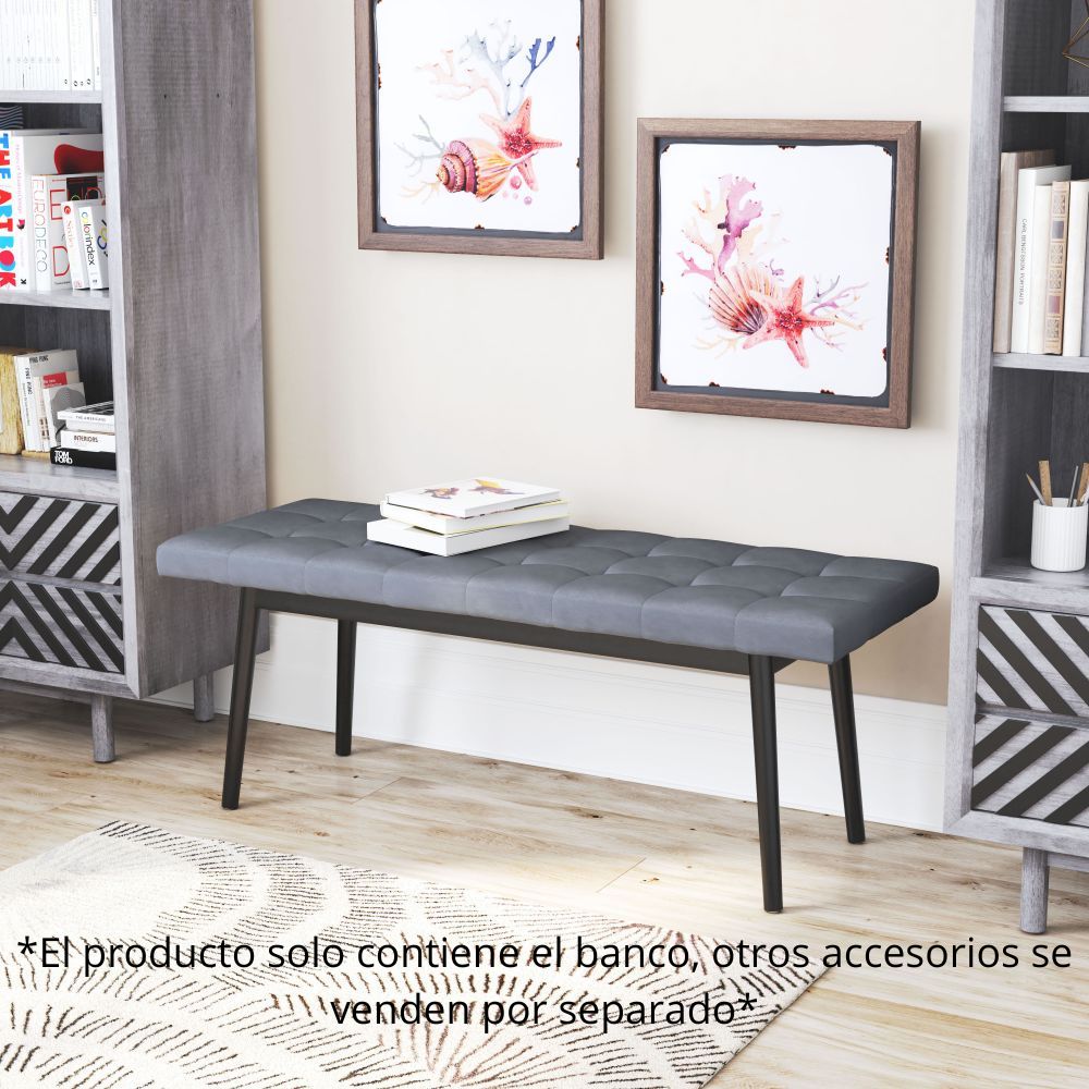 BANCO NOGAL BEAT TANNER | Banco Ocasional Decorativo Comedor | 50 cm | Estructura Madera MDF Negro | Gris | Terciopelo 100% Poliéster | Interior - 101873 - Zuo - NOGAL BEAT - Bancos