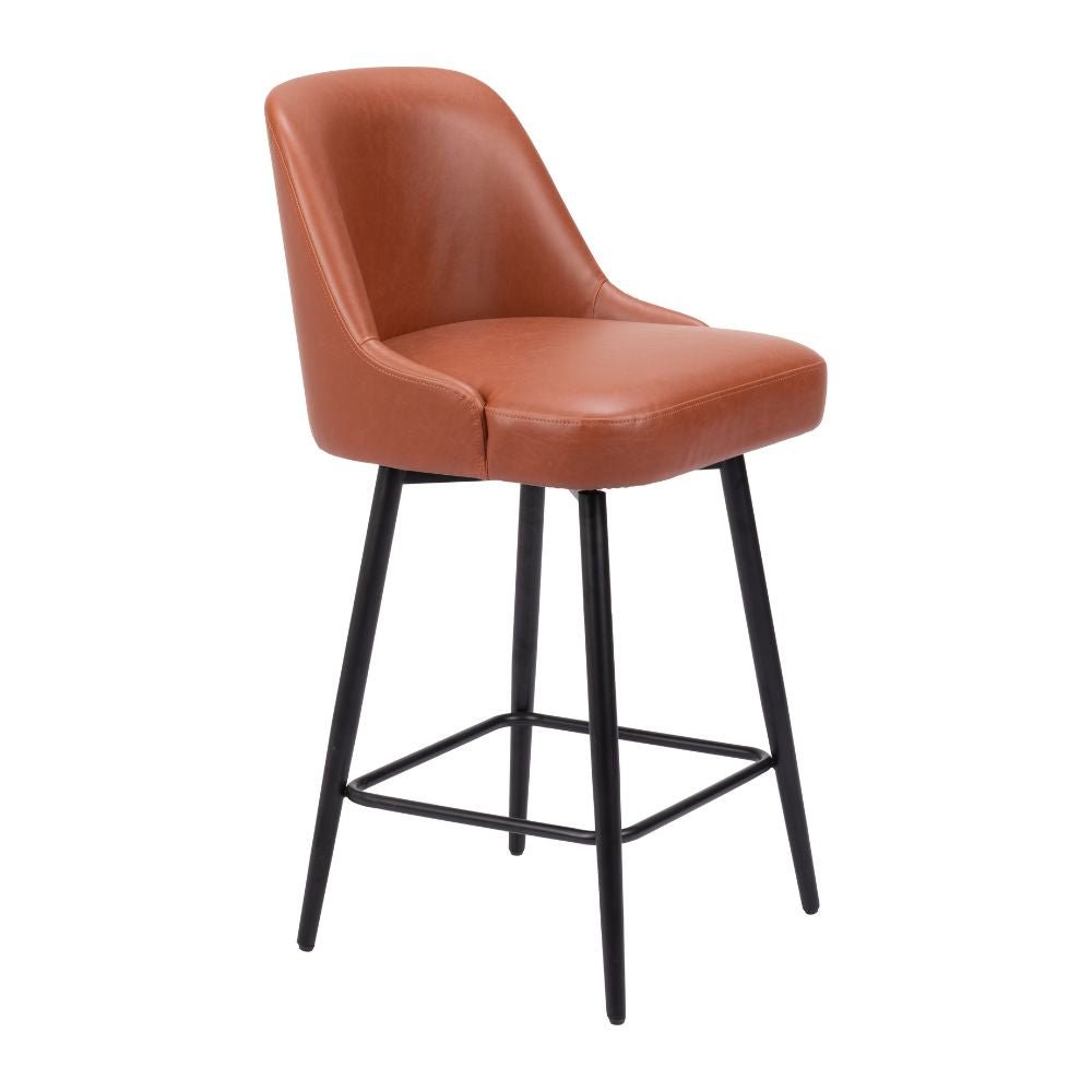 Banco giratorio Keppel Swivel con asiento y respaldo tapizados en cuero sintético marrón y estructura de madera y acero.