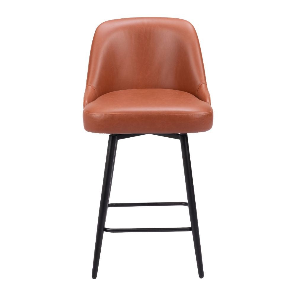 Banco giratorio Keppel Swivel con asiento y respaldo tapizados en cuero sintético marrón y estructura de madera y acero.