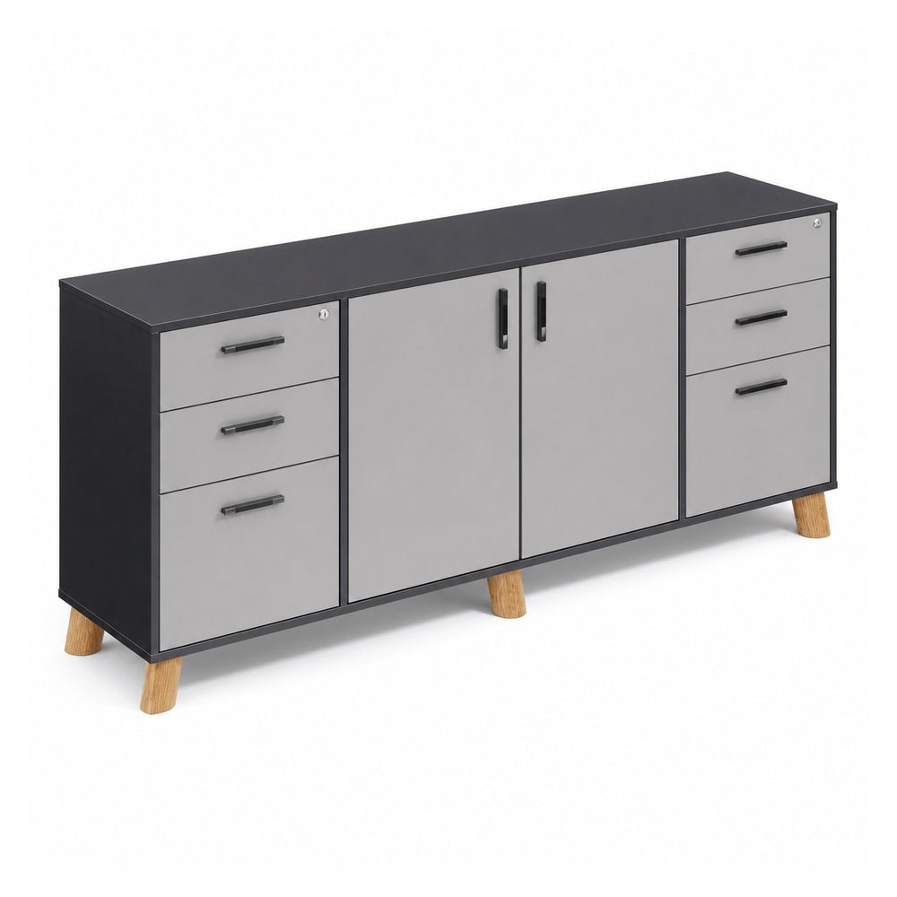 Credenza Alta 2 Cajoneras 2+1 y 2 Puertas Abatibles Centrales - VERSA DASH - Estructura Negra - Patas de Madera de Haya - DS-862 - VERSA - NOGAL BEAT - Credenza