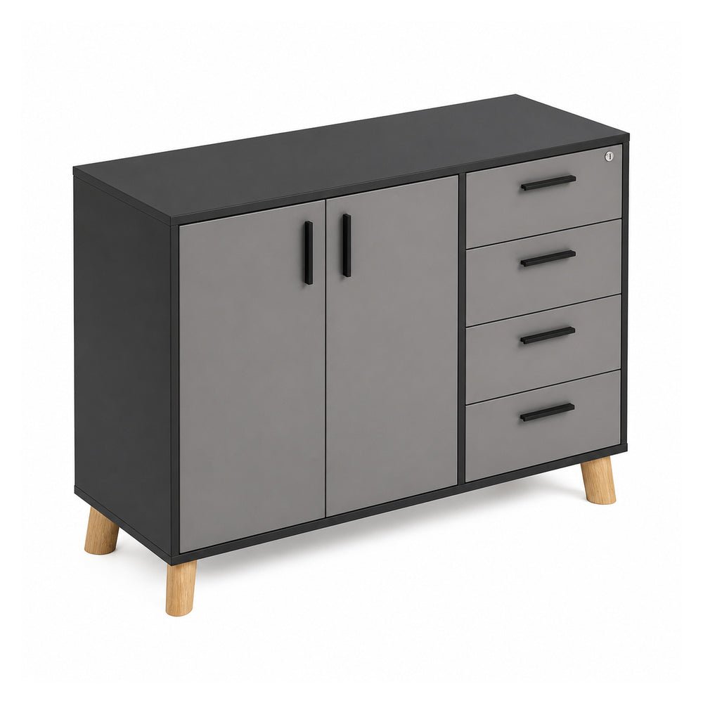 Credenza Alta Derecha 4 Cajones Papeleros - VERSA DASH - Estructura Negra - Patas de Madera de Haya - DS-844D - VERSA - NOGAL BEAT - Credenza