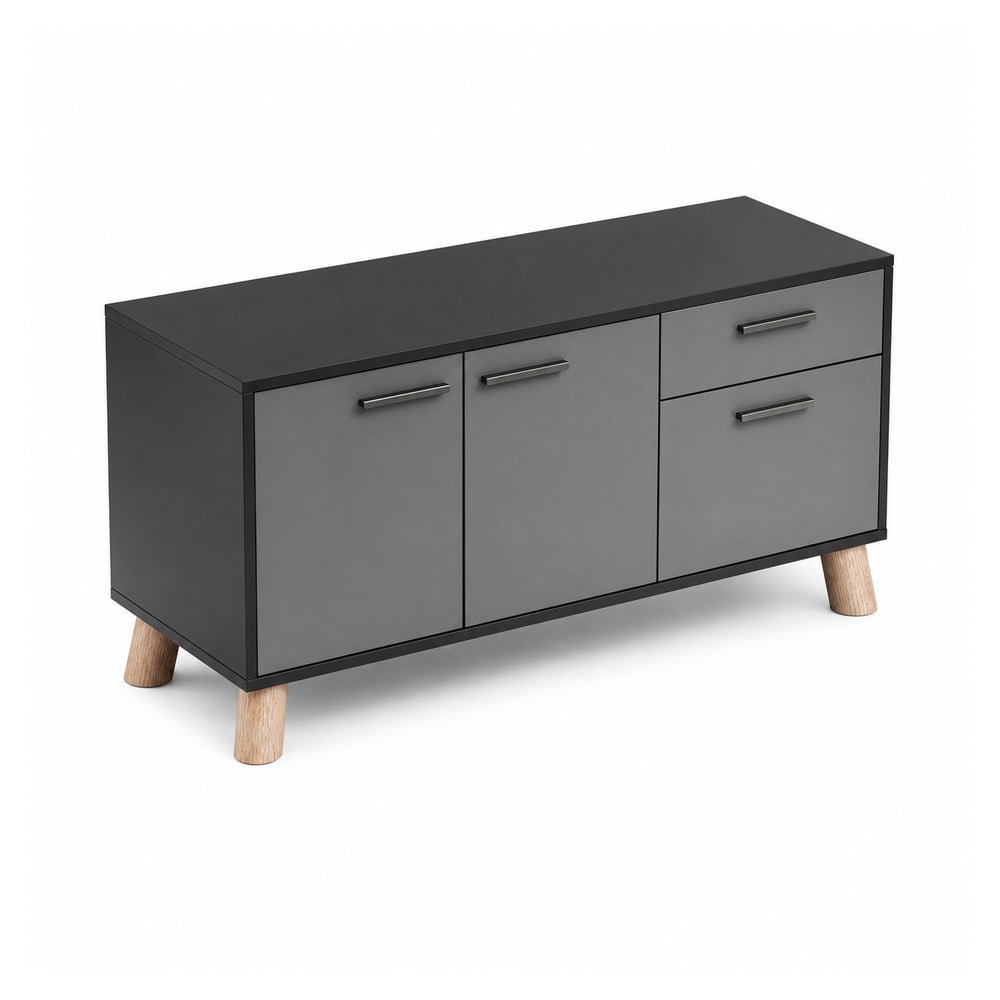 Credenza Baja Derecha 1 Cajonera 1 Cajón + 1 Gaveta - VERSA DASH - Estructura Negra - Patas de Madera de Haya y Puertas - DS-814D - VERSA - NOGAL BEAT - Credenza