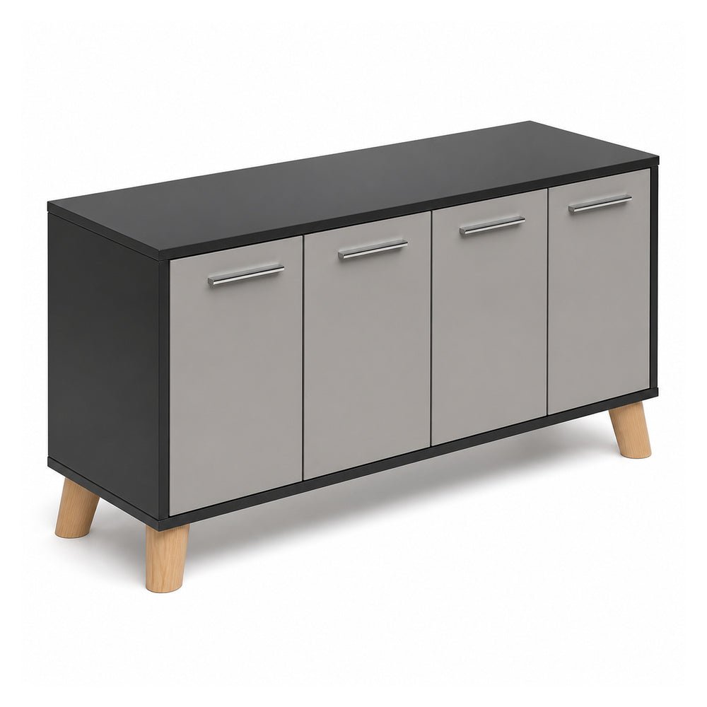Credenza Baja para Oficina - VERSA DASH - Negro - Frente 120 cm - Cubierta en Melamina de 16 mm y Patas de Madera de Haya - DS-812M - VERSA - NOGAL BEAT - Credenza