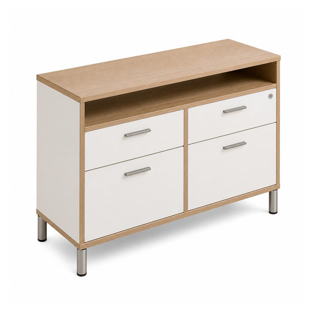 Credenza para Oficina Alta con 2 Cajoneras 2+1 - VERSA READY - Varios Colores - 1 Entrepaño Superior Abierto Fijo Melamínico - RE-846 - VERSA - NOGAL BEAT - Credenza