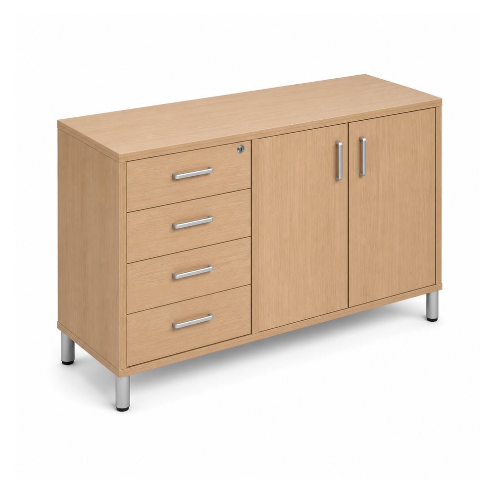 Credenza para Oficina Alta con 4 Cajones Papeleros - VERSA READY - Varios Colores - 2 Puertas Abatibles Melamínicas con 1 Entrepaño Interno - RE-844I - VERSA - NOGAL BEAT - Credenza