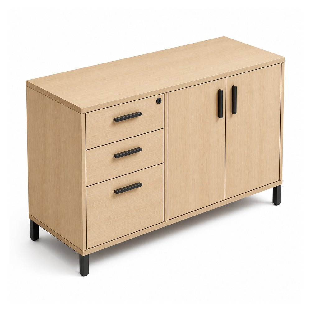 Credenza para Oficina Alta con Cajonera 2+1 - VERSA READY - Varios Colores - 2 Puertas Abatibles Melamínicas con 1 Entrepaño Interno - RE-840I - VERSA - NOGAL BEAT - Credenza